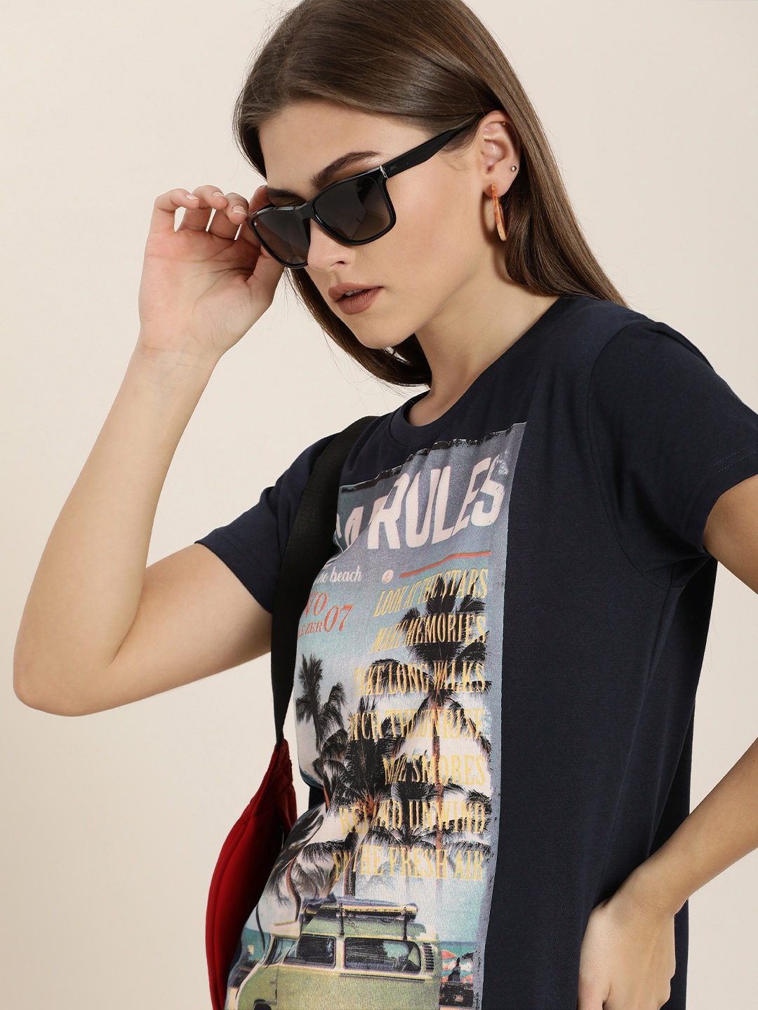 

Difference of Opinion Women Navy Blue Printed Pure Cotton Oversized T-shirt