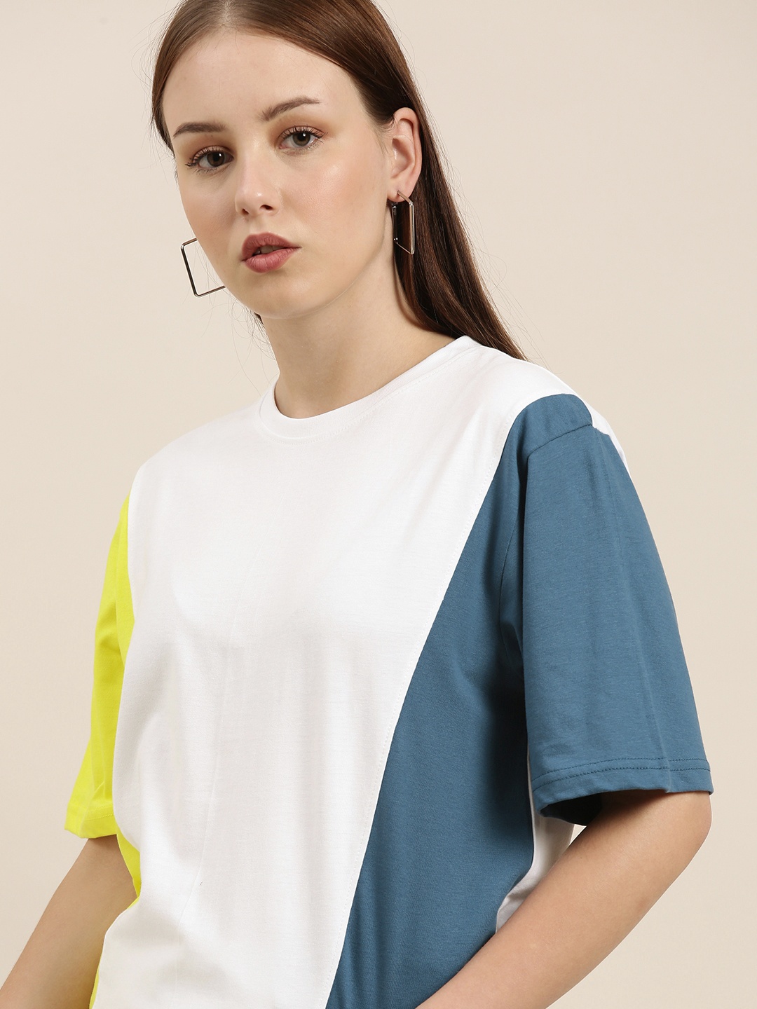 

Difference of Opinion Women White Yellow Colourblocked Pure Cotton Oversized T-shirt