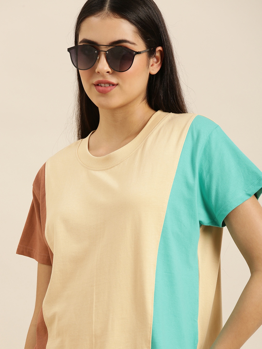 

Difference of Opinion Women Beige & Turquoise Blue Colourblocked Pure Cotton Boxy T-shirt