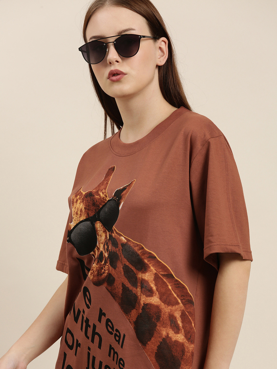 

Difference of Opinion Women Brown Printed Pure Cotton Oversized T-shirt