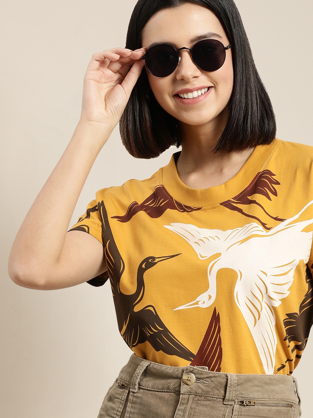 

Difference of Opinion Women Mustard Yellow & White Pure Cotton Printed Boxy T-shirt