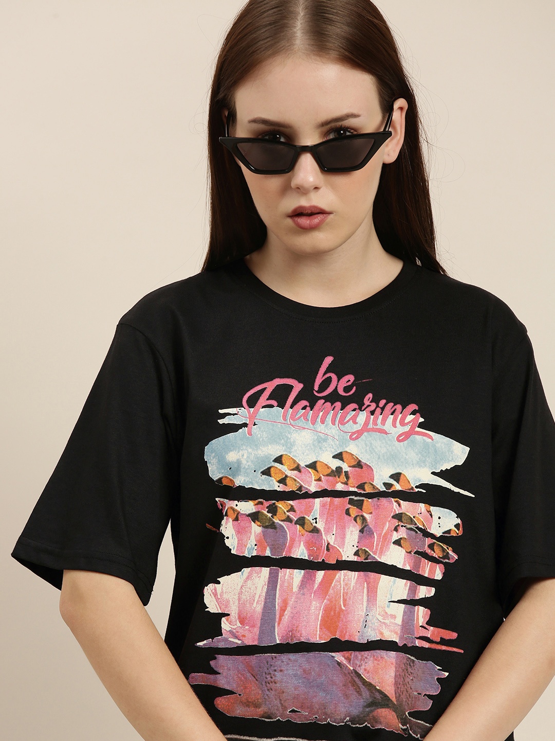 

Difference of Opinion Women Black Printed Pure Cotton Oversized T-shirt