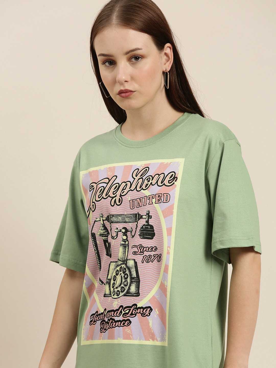 

Difference of Opinion Women Green Printed Pure Cotton Oversized T-shirt