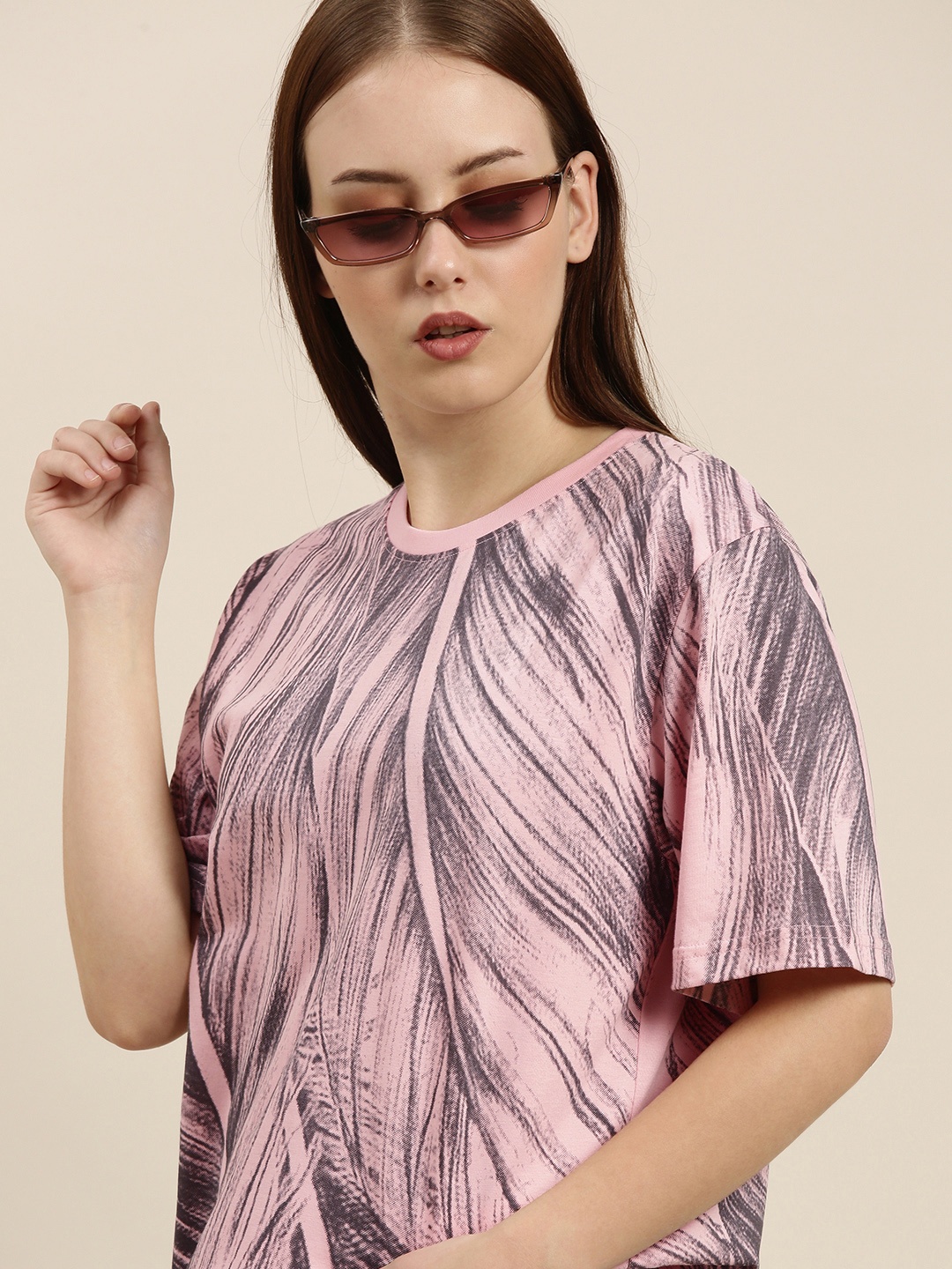 

Difference of Opinion Women Pink Grey Printed Pure Cotton Oversized T-shirt