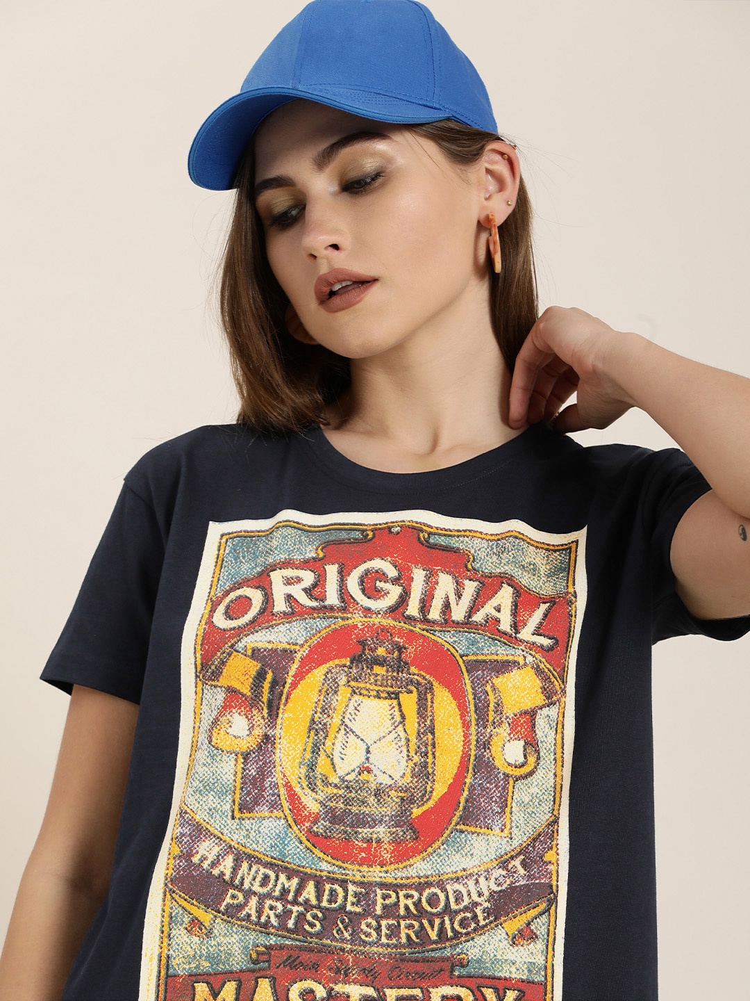 

Difference of Opinion Women Navy Blue Printed Pure Cotton Oversized Pure Cotton T-shirt