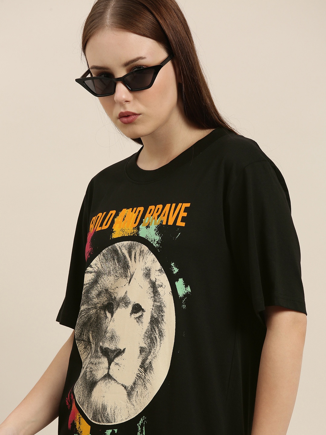 

Difference of Opinion Women Black Printed Pure Cotton Oversized T-shirt
