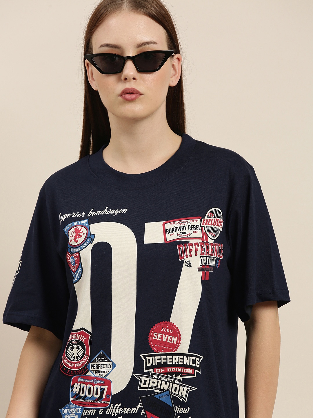 

Difference of Opinion Women Navy Blue Printed Pure Cotton Loose Pure Cotton T-shirt