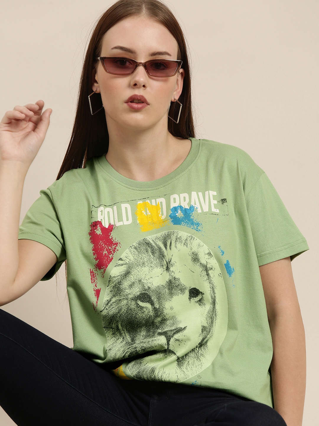 

Difference of Opinion Women Green Printed Pure Cotton Boxy Pure Cotton T-shirt