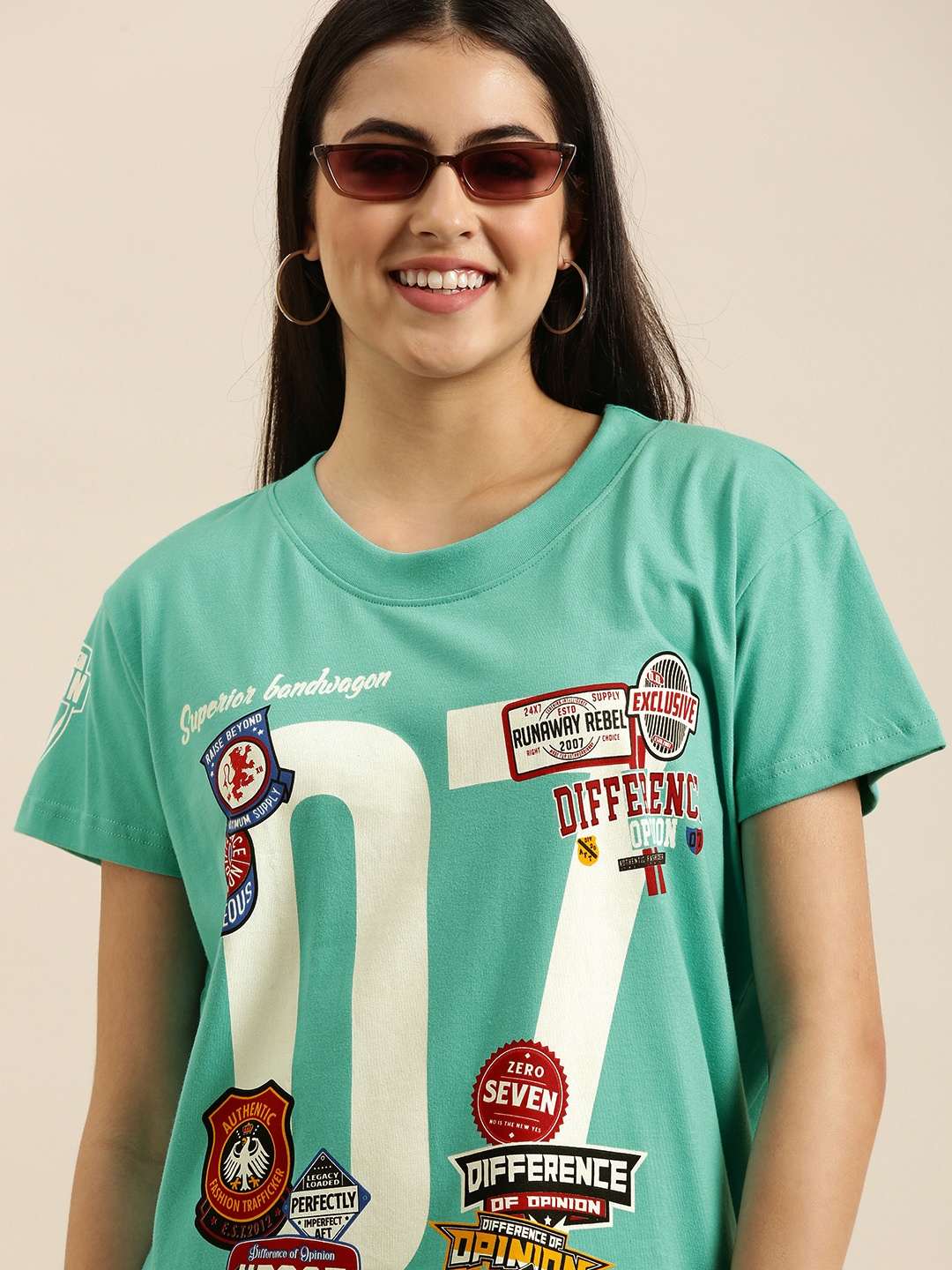 

Difference of Opinion Women Green Printed Pure Cotton Boxy T-shirt