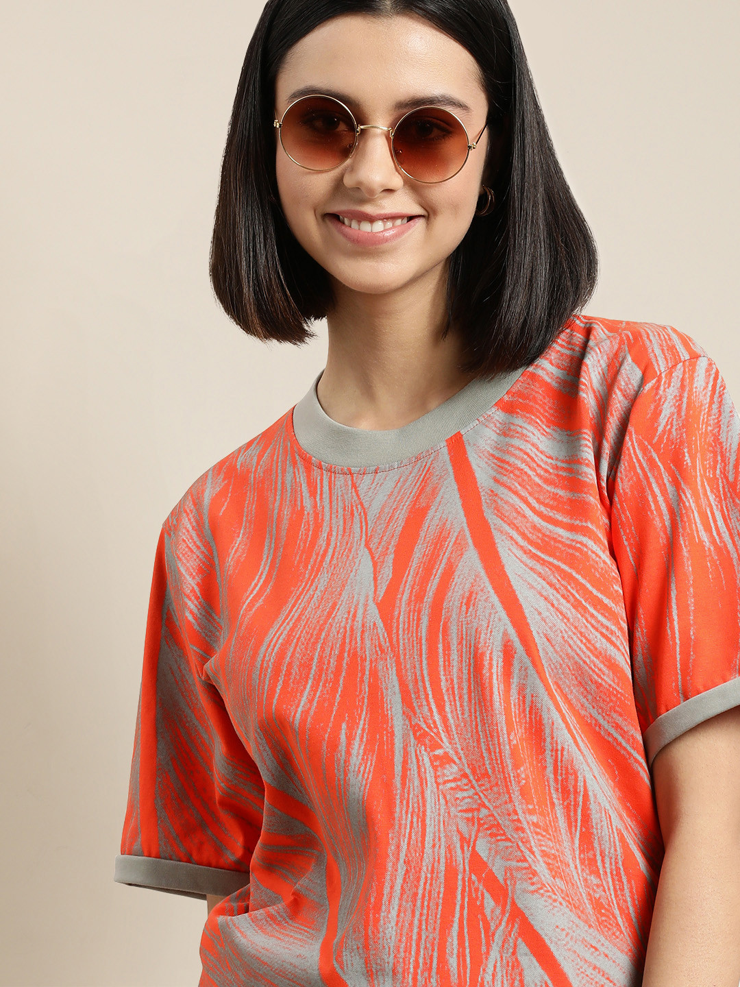 

Difference of Opinion Women Orange & Grey Pure Cotton Leaf Printed Loose T-shirt