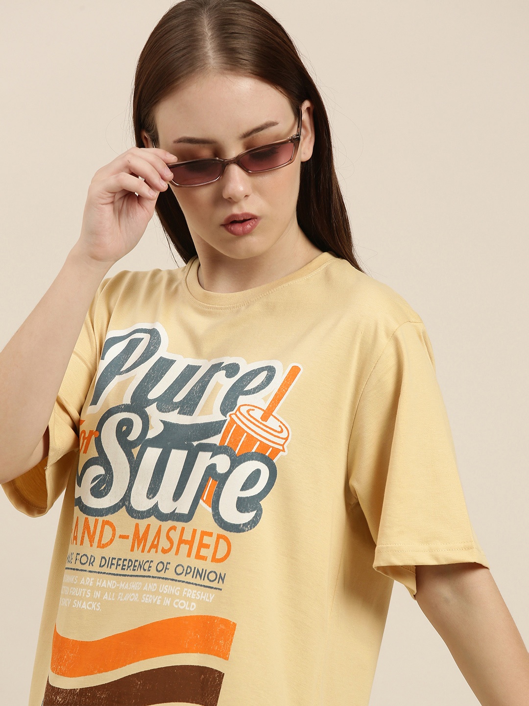 

Difference of Opinion Women Beige Printed Pure Cotton Oversized T-shirt