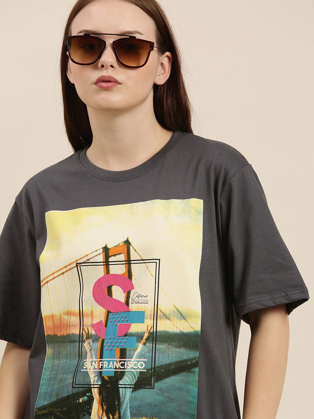 

Difference of Opinion Women Grey Printed Pure Cotton Loose Pure Cotton T-shirt