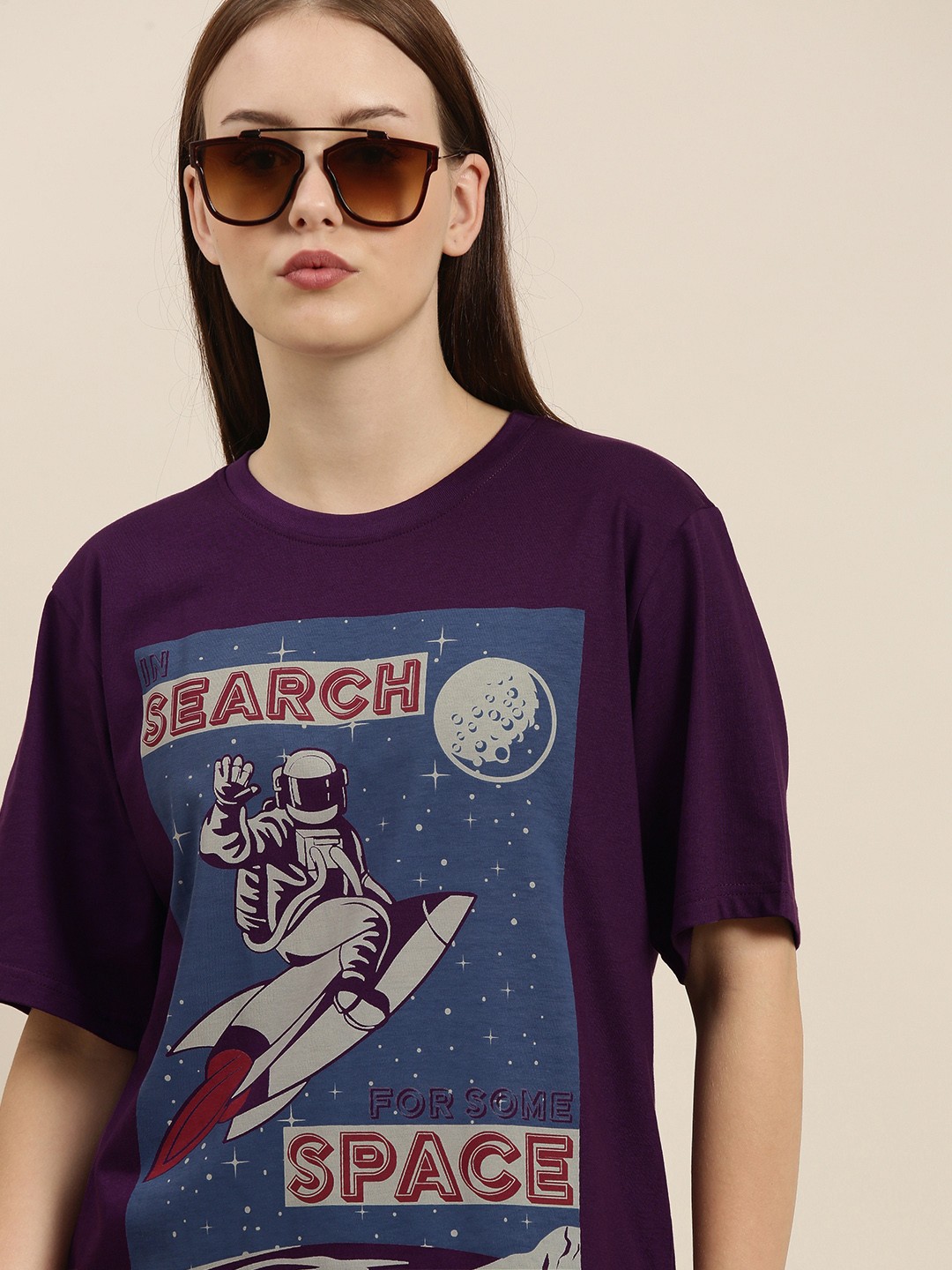 

Difference of Opinion Women Purple Printed Pure Cotton Loose Pure Cotton T-shirt