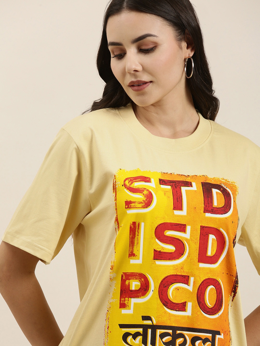 

Difference of Opinion Women Yellow Typography Printed Pure Cotton Loose T-shirt