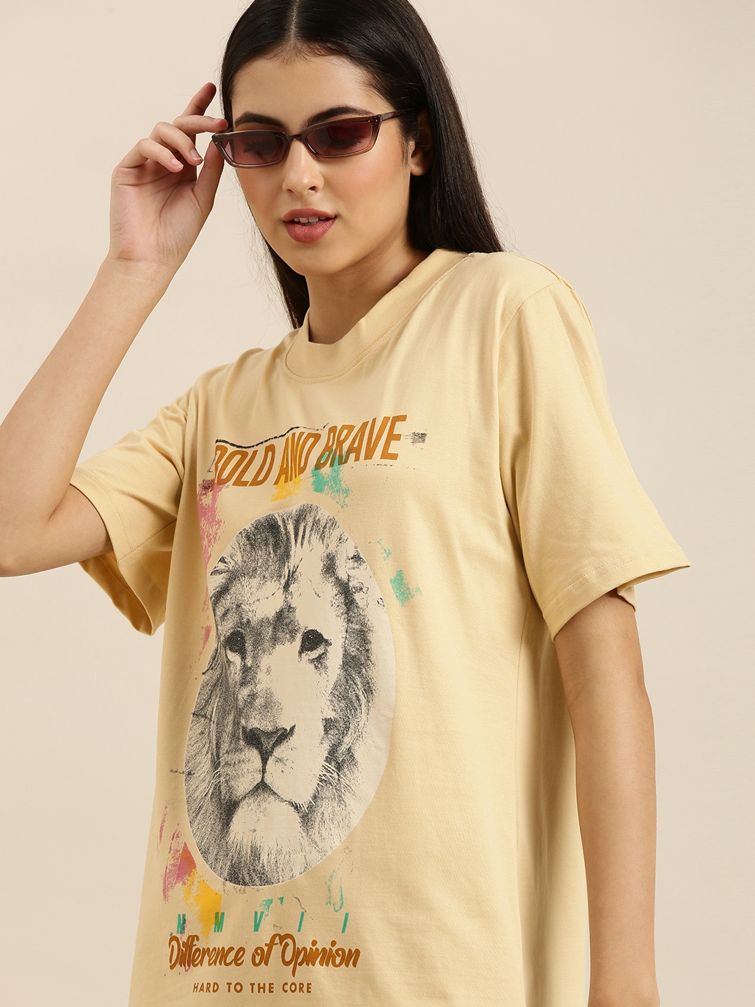 

Difference of Opinion Women Beige Printed Pure Cotton Loose T-shirt