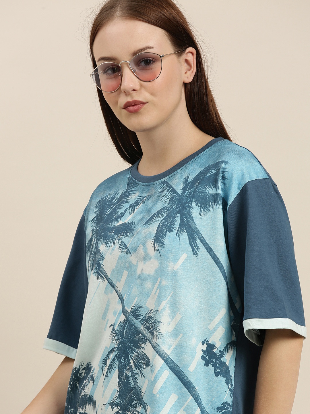 

Difference of Opinion Women Blue Printed Tropical Pure Cotton Loose Pure Cotton T-shirt