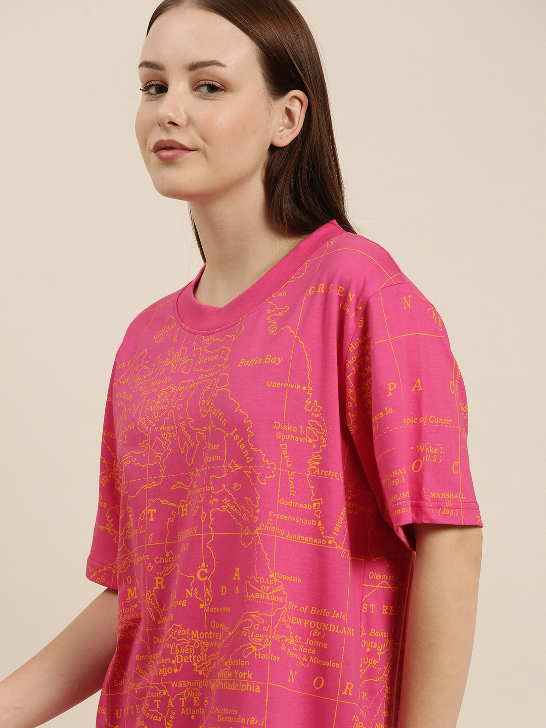 

Difference of Opinion Women Pink Printed Pure Cotton Loose Pure Cotton T-shirt