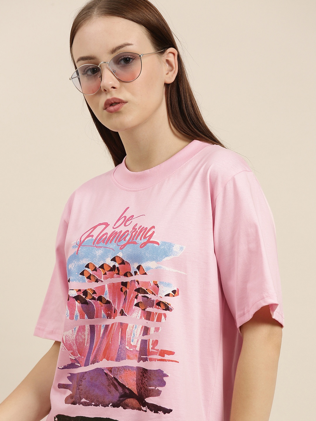 

Difference of Opinion Women Pink Printed Pure Cotton Longline Oversized T-shirt