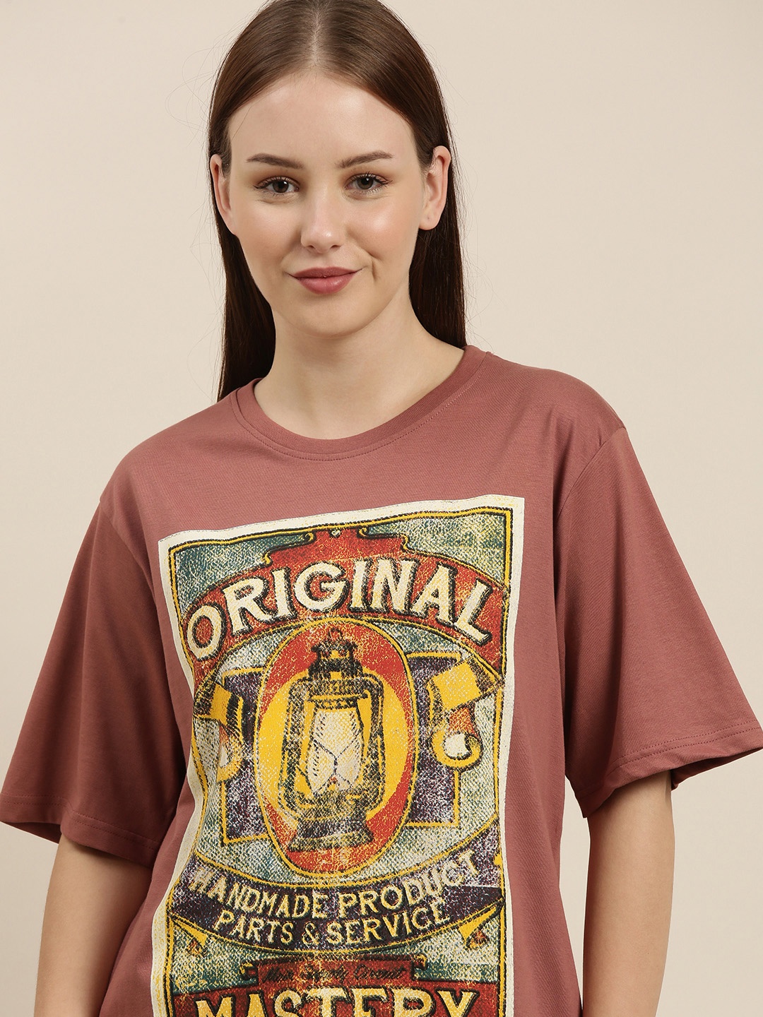 

Difference of Opinion Women Brown Printed Pure Cotton Longline Oversized T-shirt