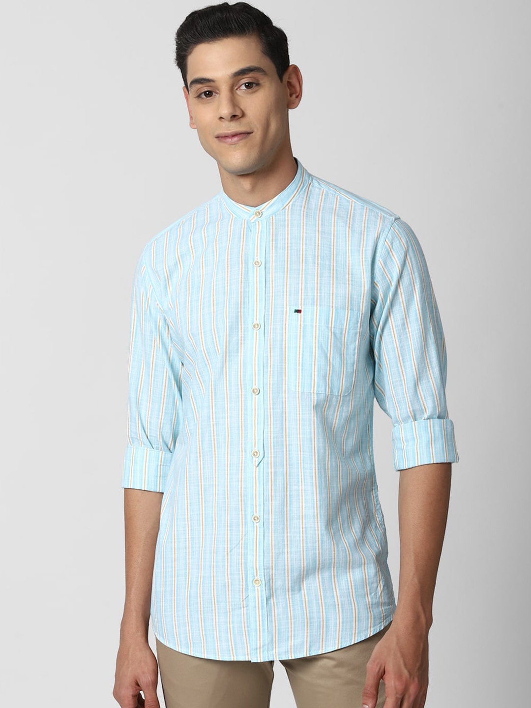 

Peter England Casuals Men Blue Slim Fit Opaque Striped Casual Pure Cotton Shirt