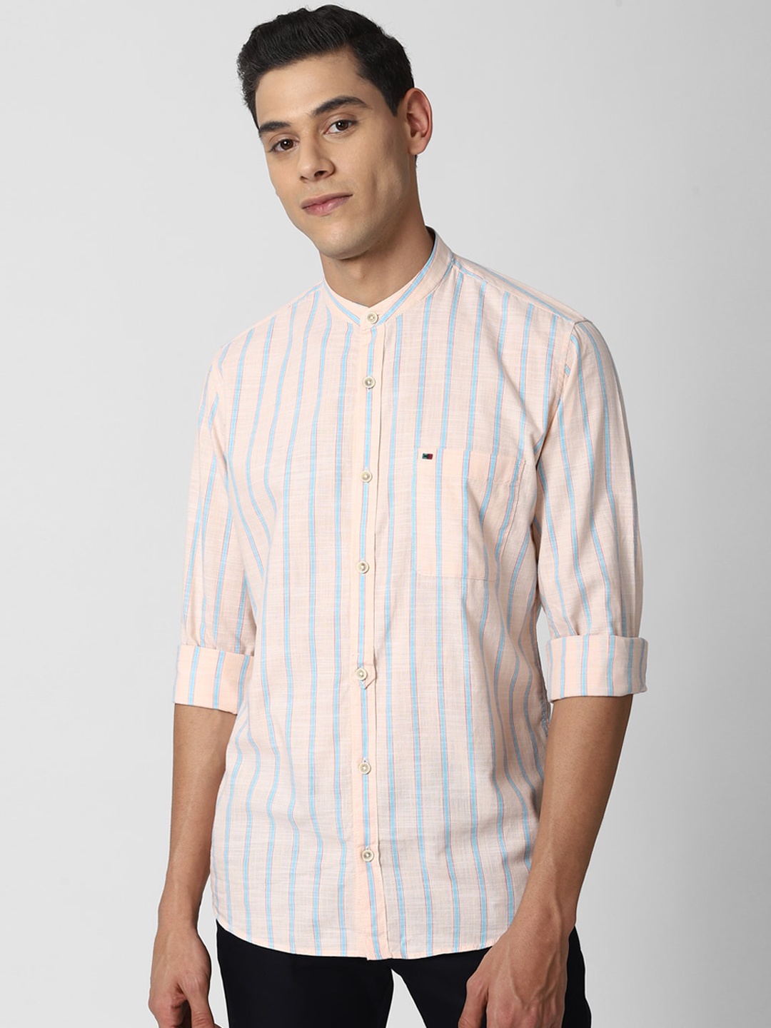 

Peter England Casuals Men Beige Slim Fit Opaque Striped Casual Pure Cotton Shirt