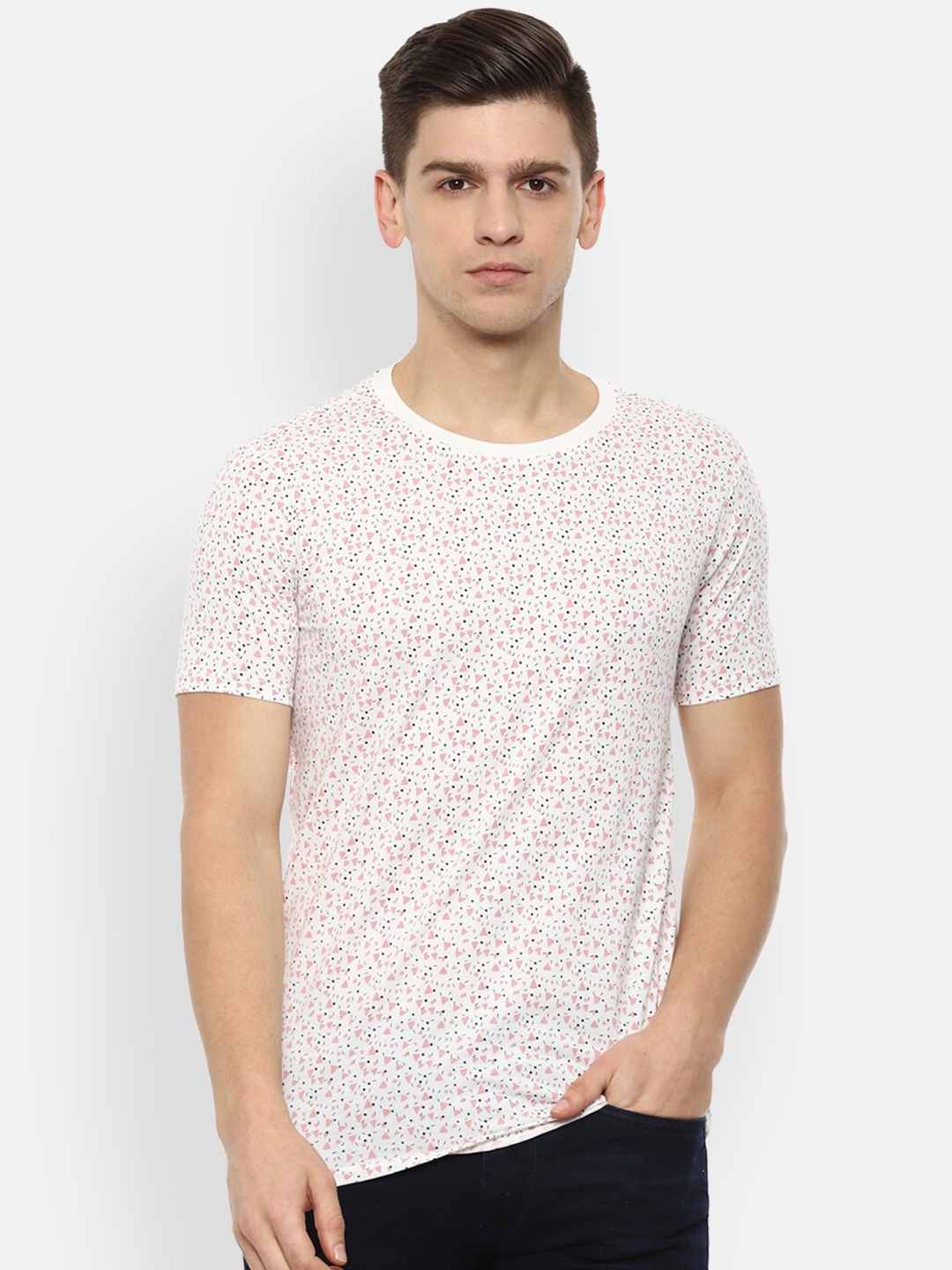 

V Dot Men Cream-Coloured & Pink Printed Round Neck Regular T-shirt