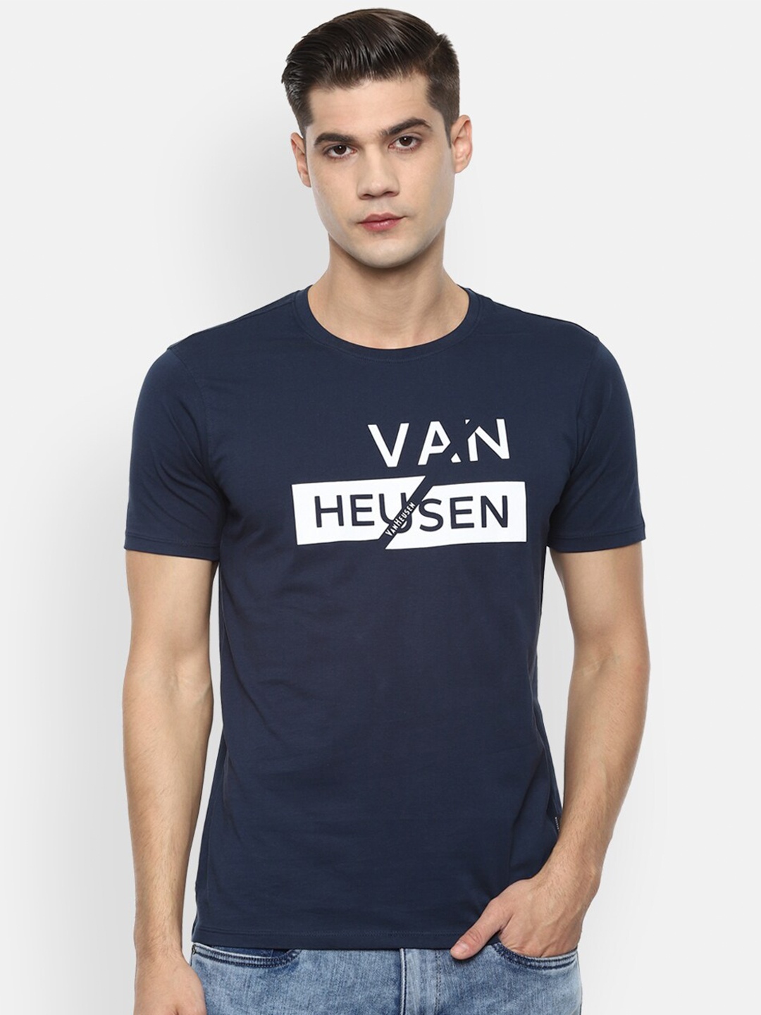 

V Dot Men Navy Blue Brand Logo Printed Slim Fit T-shirt