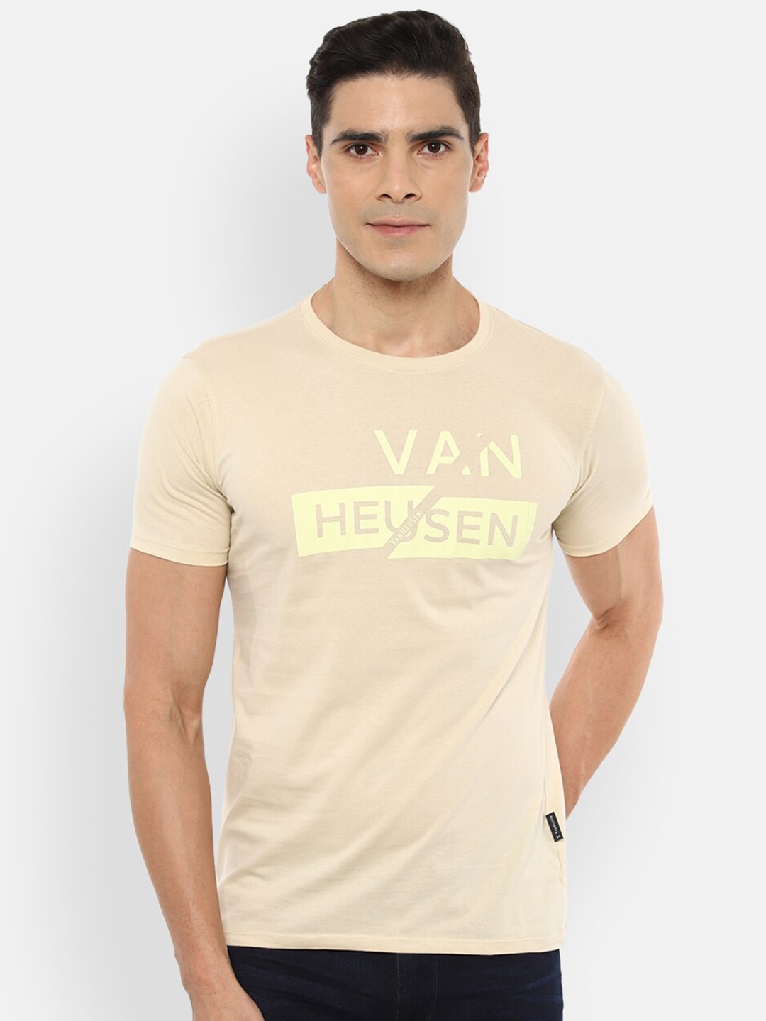 

V Dot Men Beige & Yellow Typography Printed Slim Fit T-Shirt