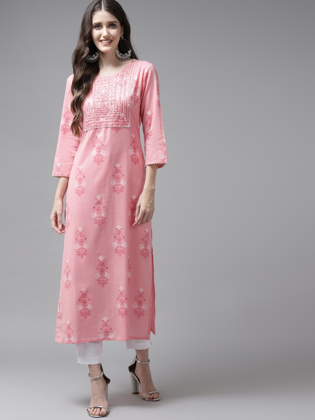 

Amirah s Women Pink & White Floral Print Embroidered Kurta