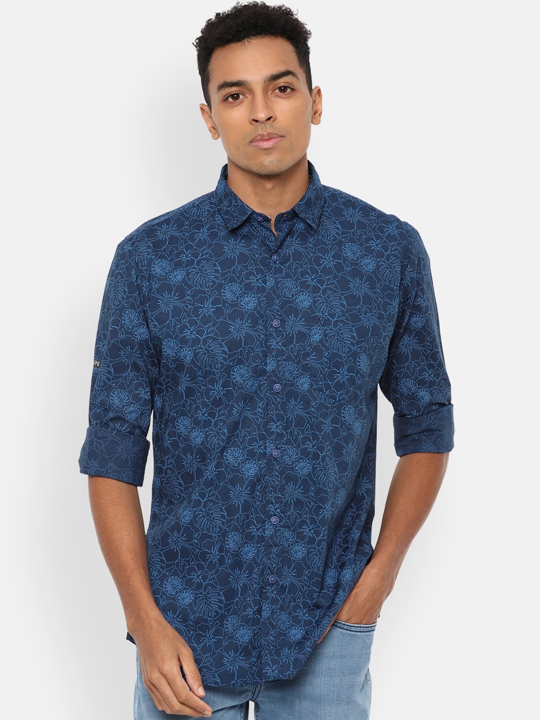 

VAN HEUSEN DENIM LABS Men Blue Slim Fit Opaque Printed Casual Pure Cotton Shirt