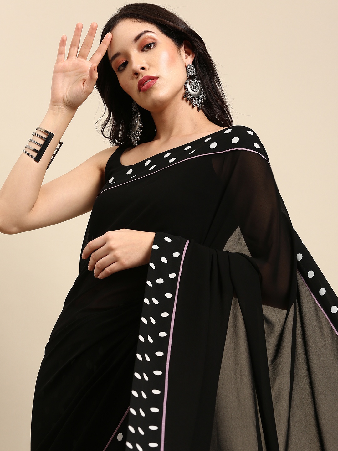 

Sangria Black & White Polka Dots Printed Half and Half Saree