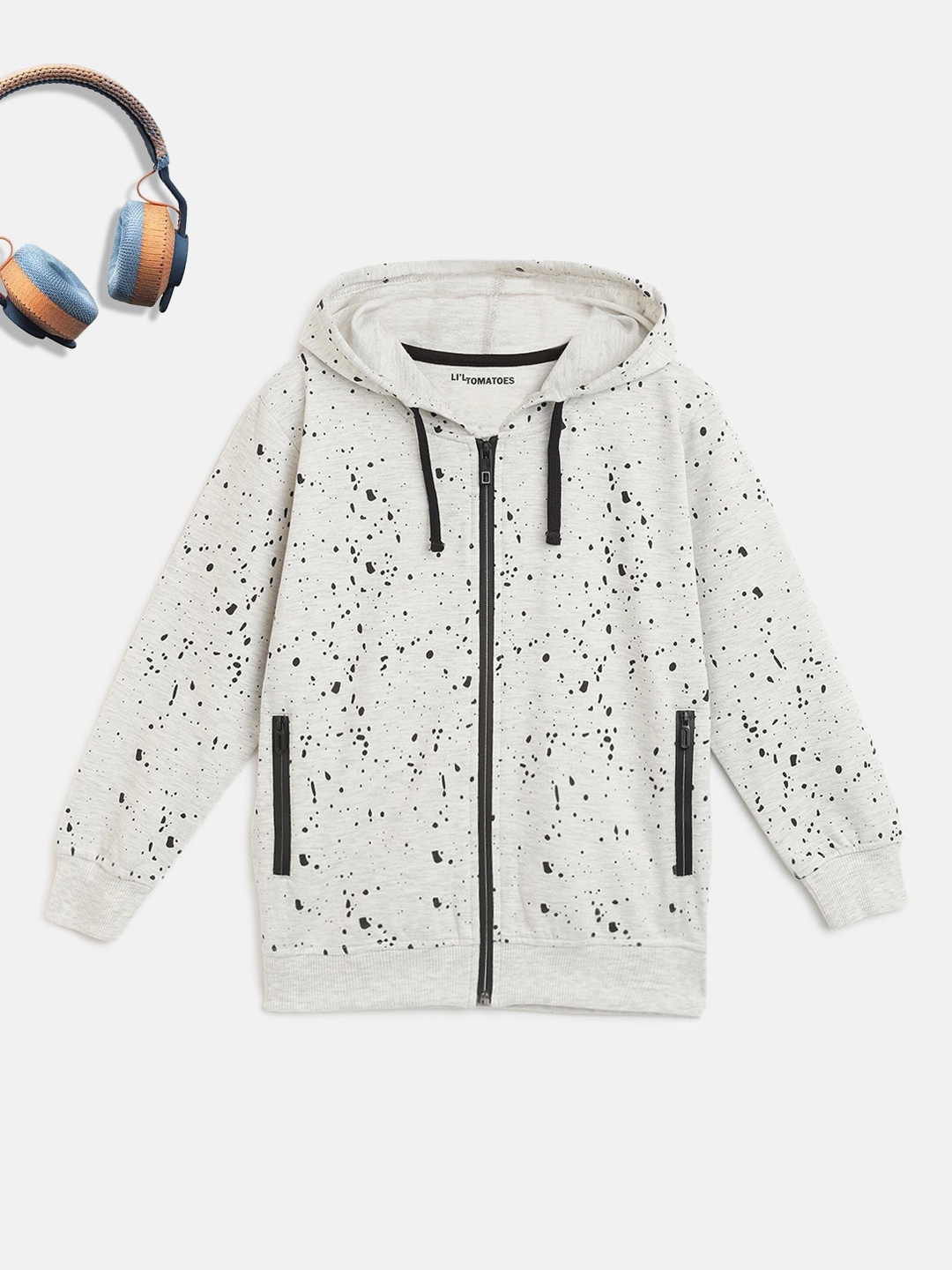 

Lil Tomatoes Boys Grey & Black Printed Hooded Front-Open Sweatshirt