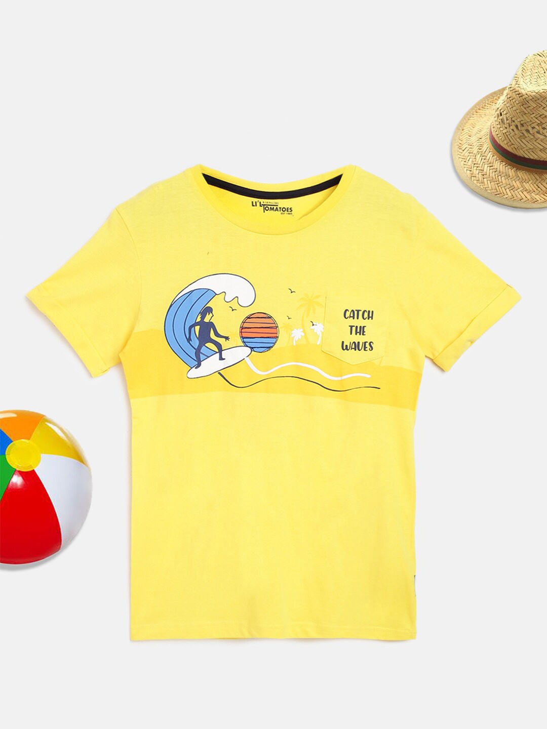 

Lil Tomatoes Boys Yellow Blue Printed Outdoor Pure Cotton T-shirt