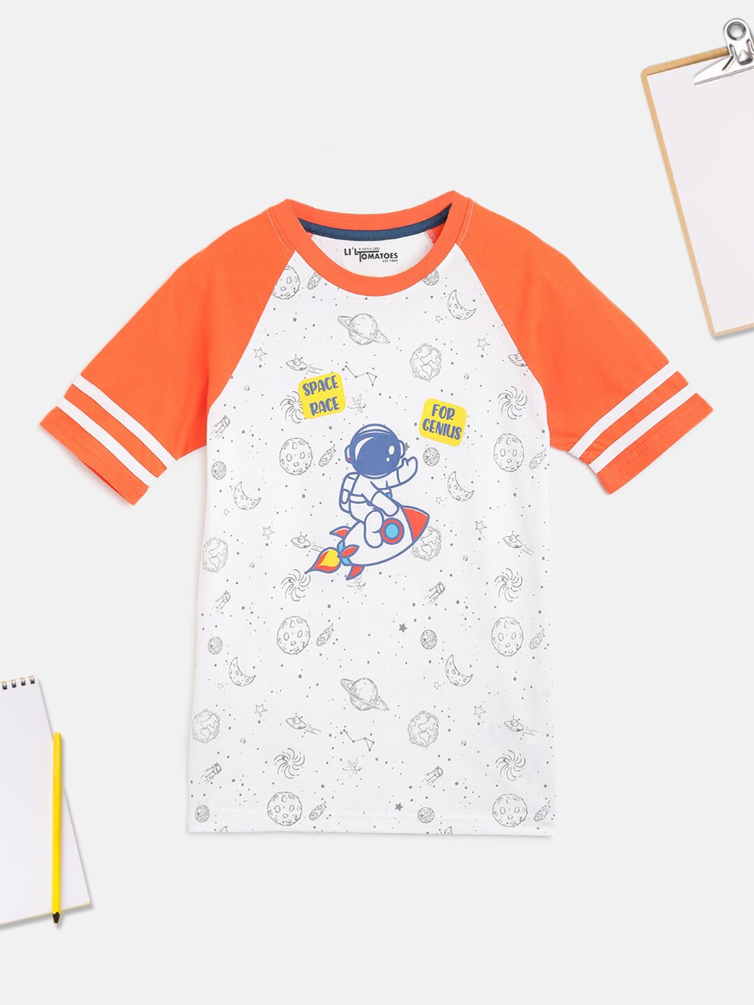 

Lil Tomatoes Boys White & Orange Printed Outdoor T-shirt