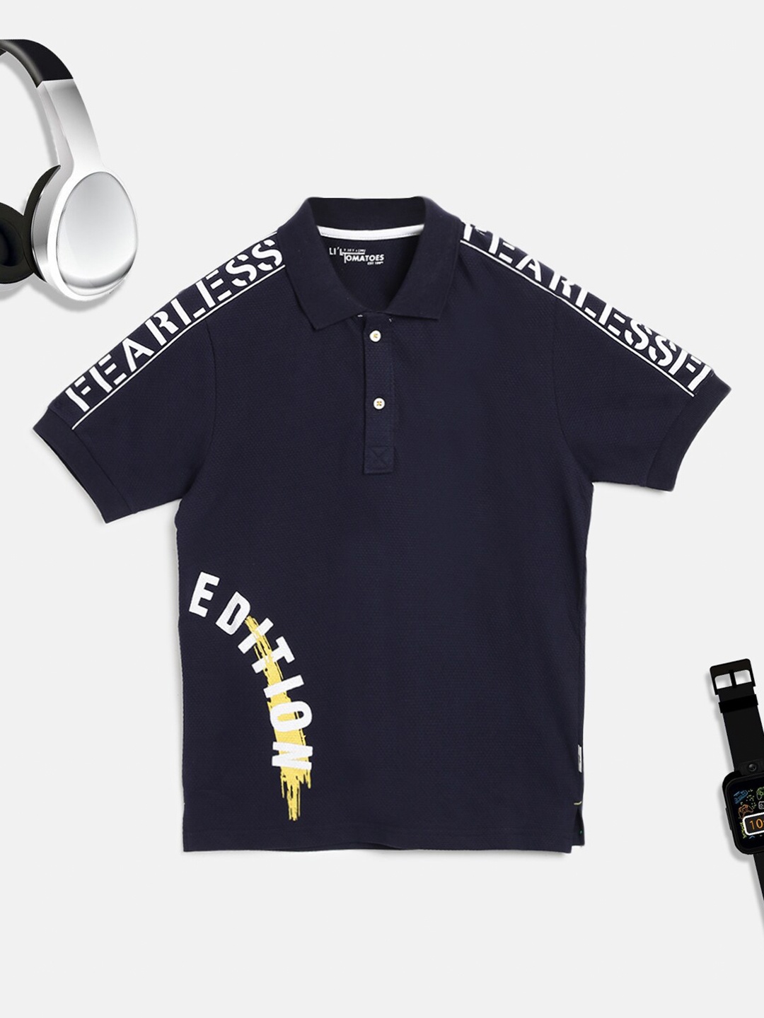 

Lil Tomatoes Boys Navy Blue & White Typography Printed Polo Collar T-Shirt