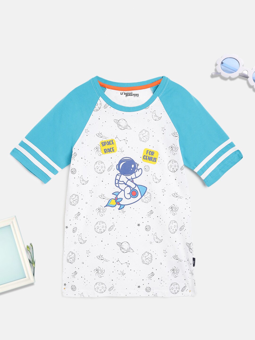 

Lil Tomatoes Boys White & Blue Printed T-shirt