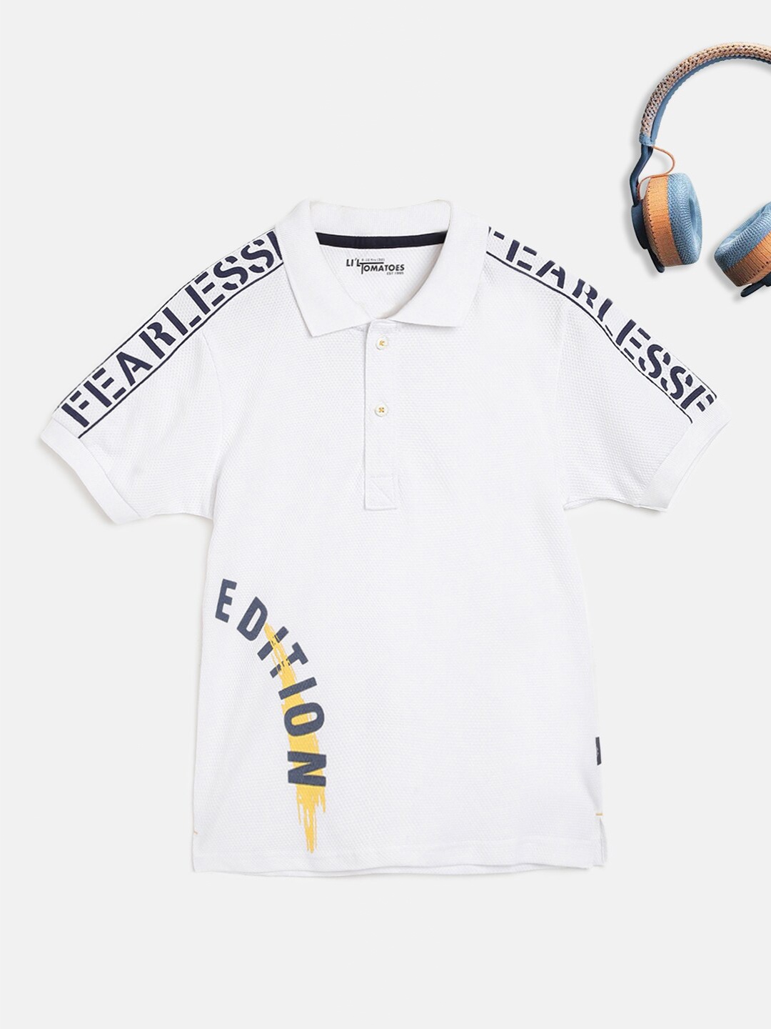 

Lil Tomatoes Boys White & Blue Typography Printed Polo Collar Outdoor T-shirt