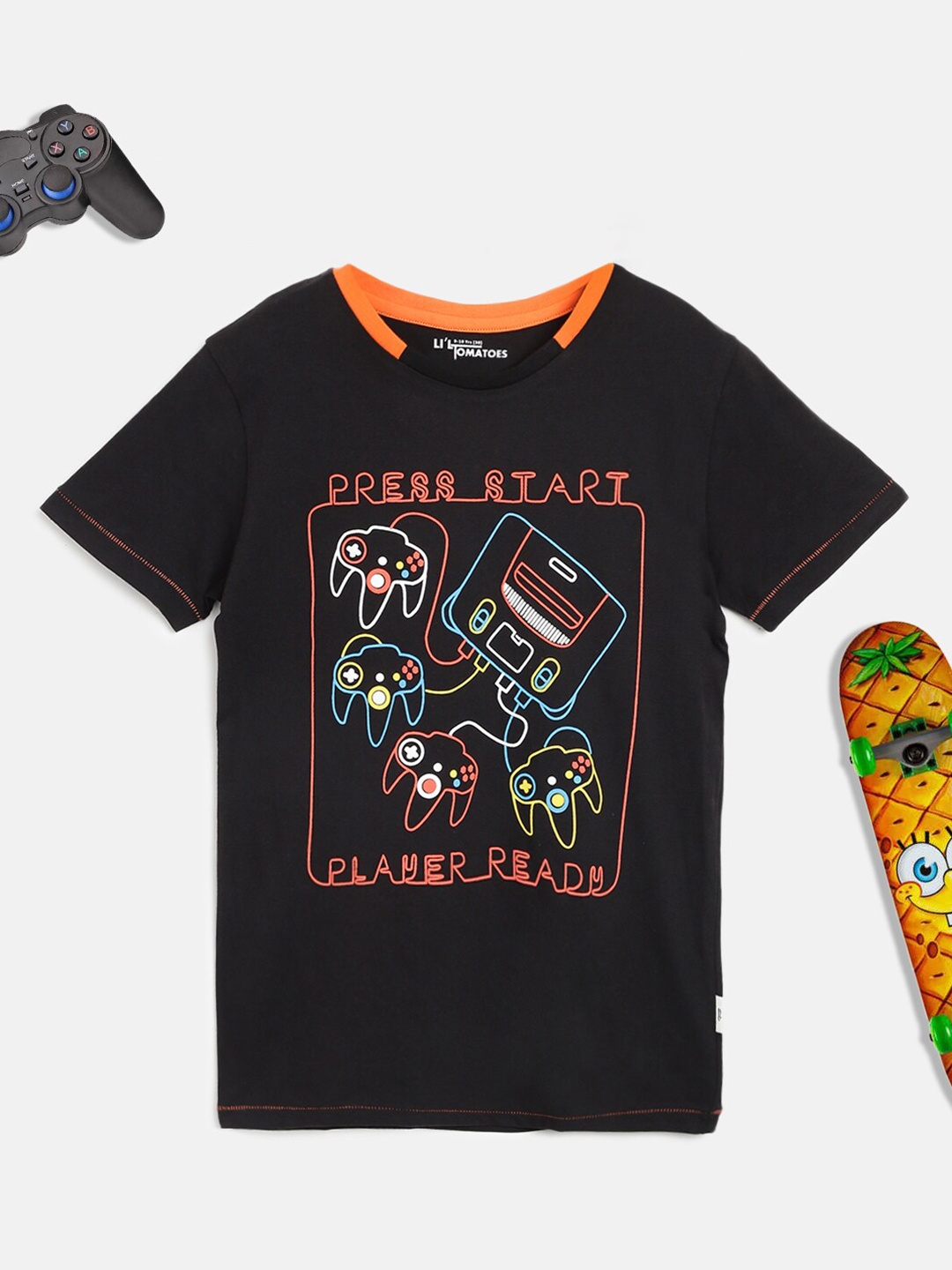 

Lil Tomatoes Boys Black & Orange Printed Regular Cotton T-shirt