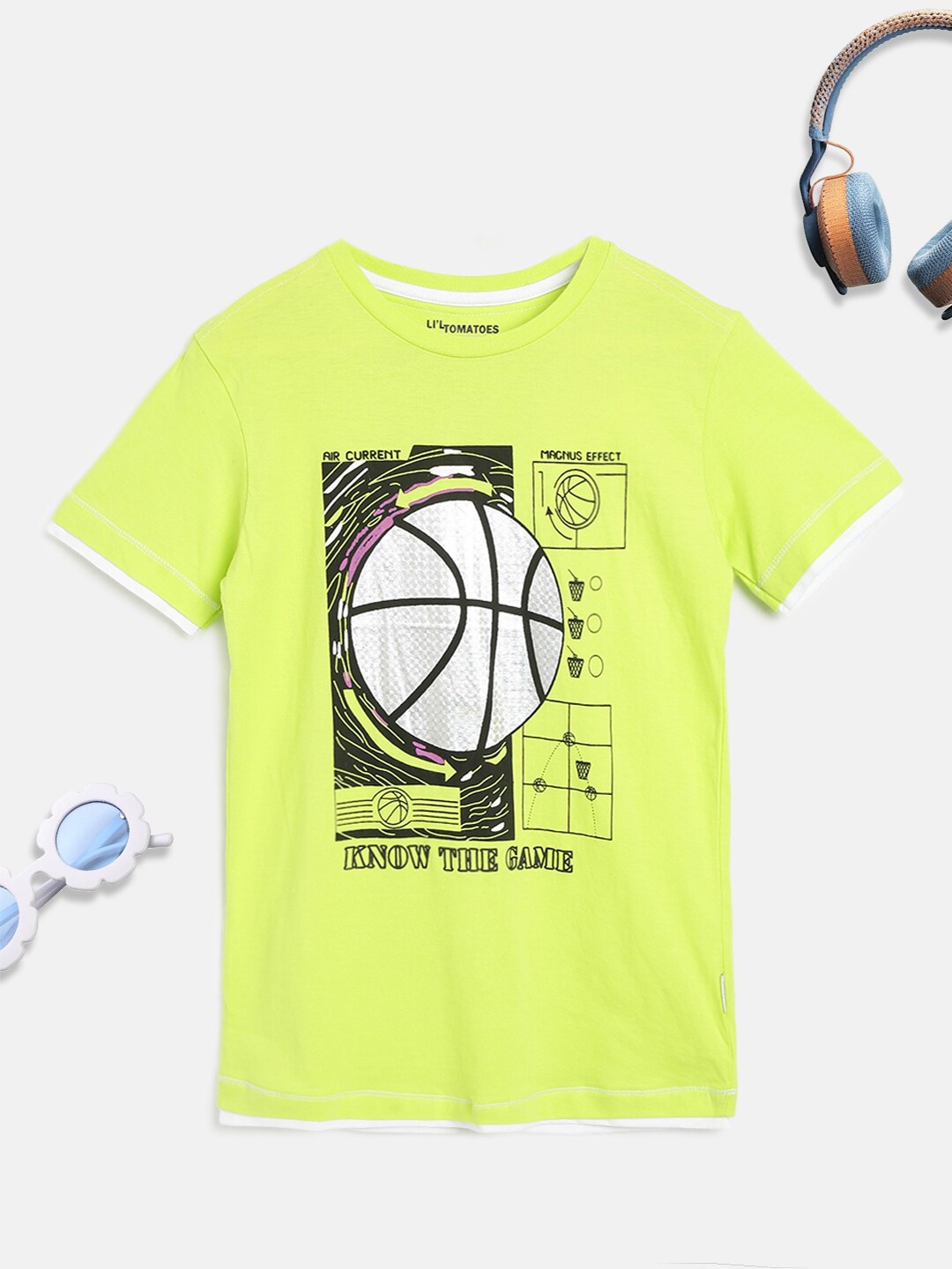 

Lil Tomatoes Boys Lime Green White Printed Pure Cotton Outdoor Pure Cotton T-shirt