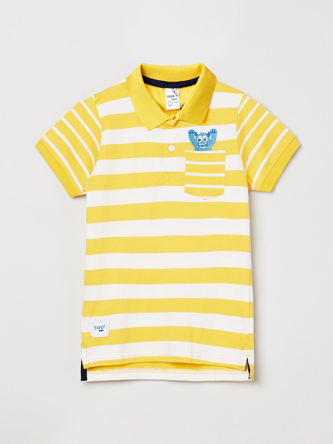 

max Boys Yellow & White Striped Polo Collar Pockets T-shirt