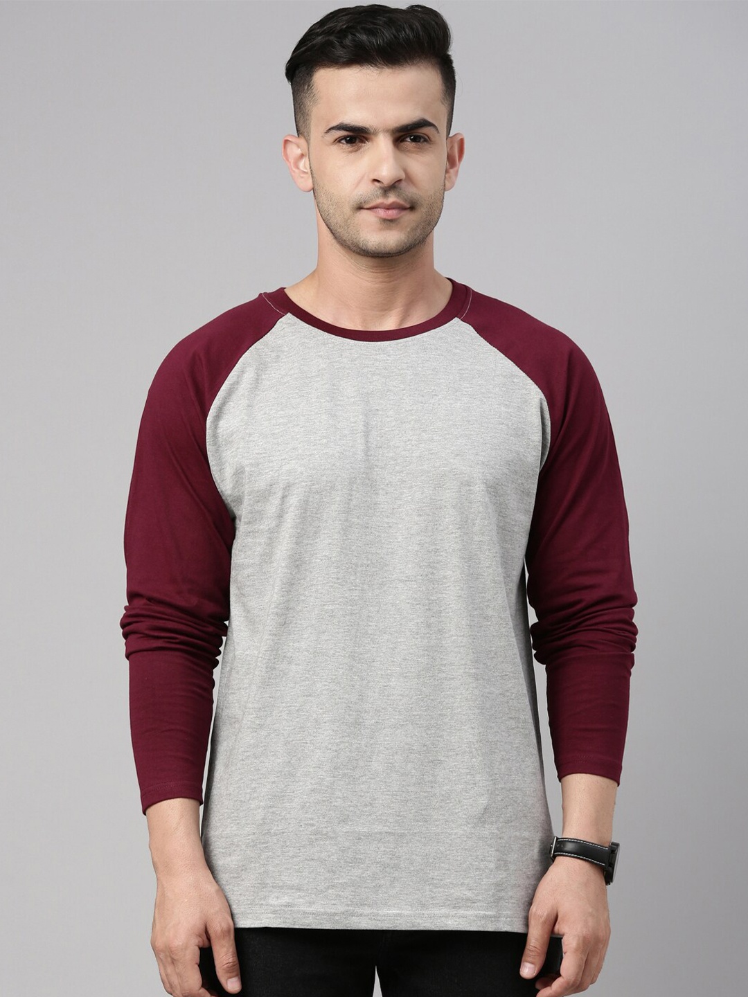 

Bushirt Men Grey Melange Maroon Colourblocked Pure Cotton T-shirt