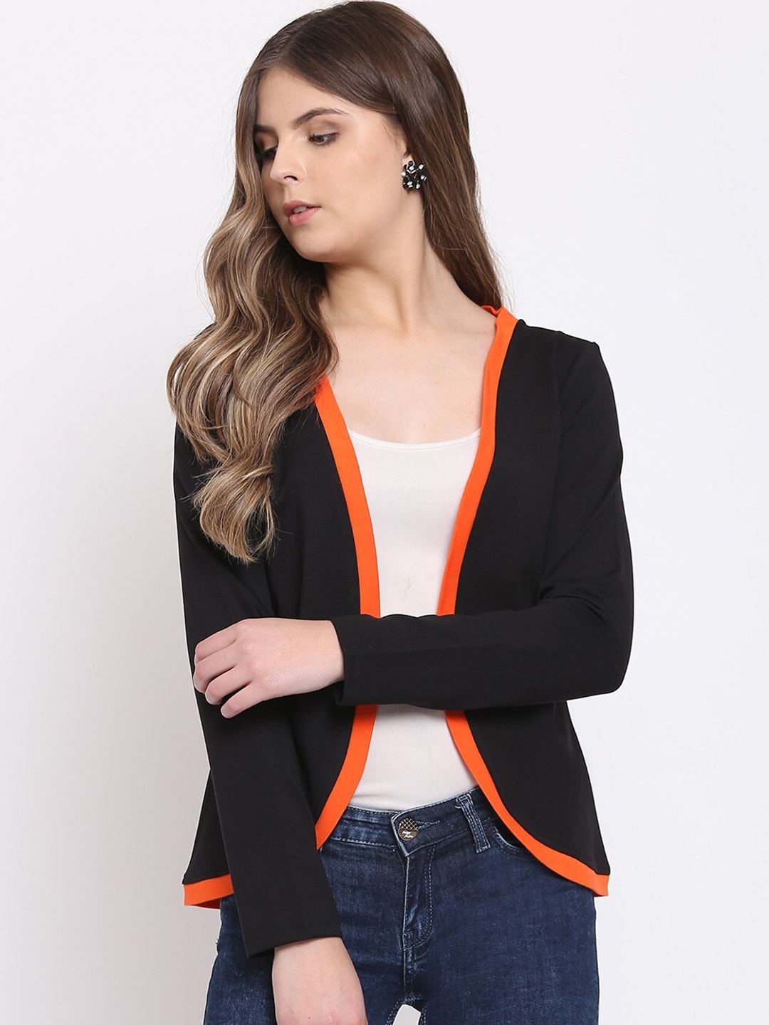 

RIVI Women Black & Orange Rib Open Front Shrug