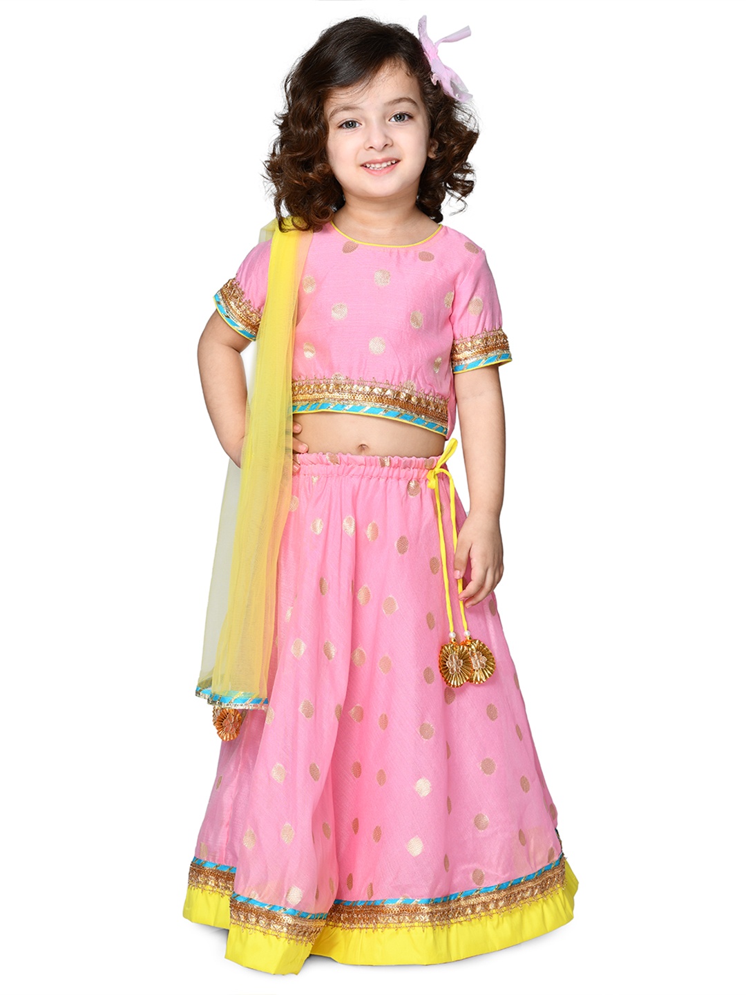 

SAKA DESIGNS Girls Pink & Yellow Chanderi Ready To Wear Lehenga Blouse & Dupatta