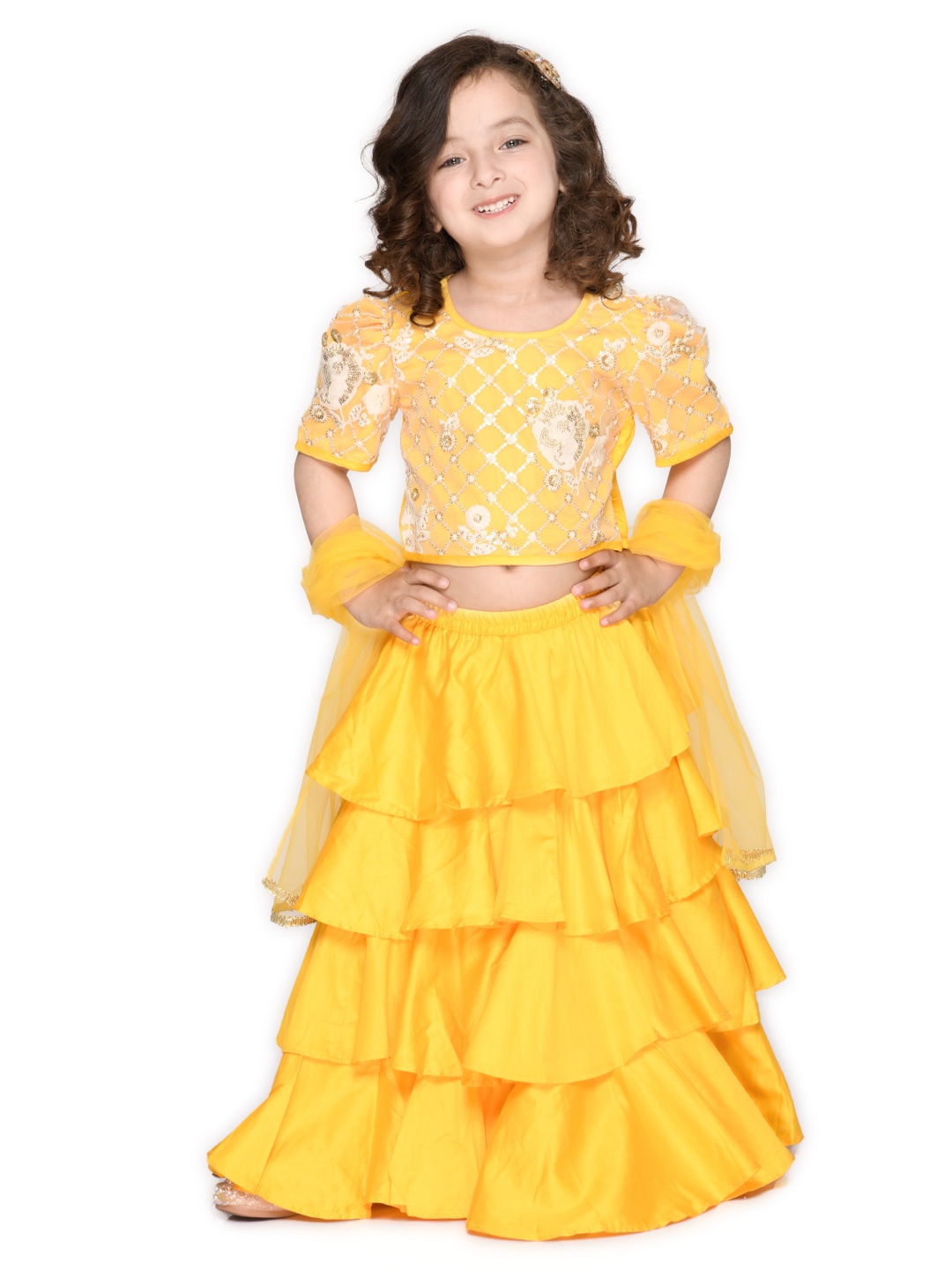 

SAKA DESIGNS Girls Yellow & Silver Embroidered Ready To Wear Lehenga Blouse & Dupatta