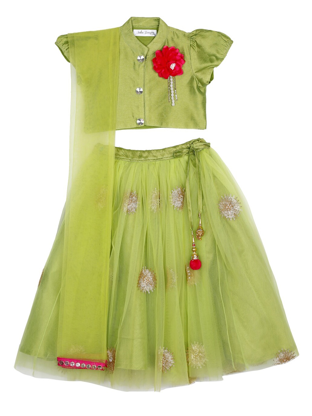 

SAKA DESIGNS Girls Green & Pink Embellished Ready To Wear Lehenga Blouse & Dupatta