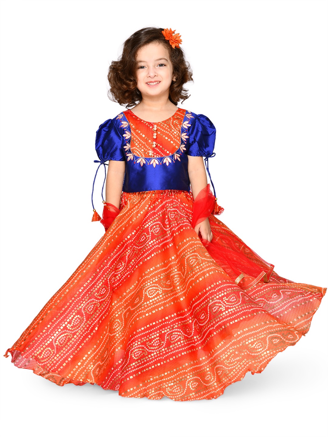 

SAKA DESIGNS Girls Orange & Blue Embroidered Ready To Wear Lehenga Blouse & Dupatta