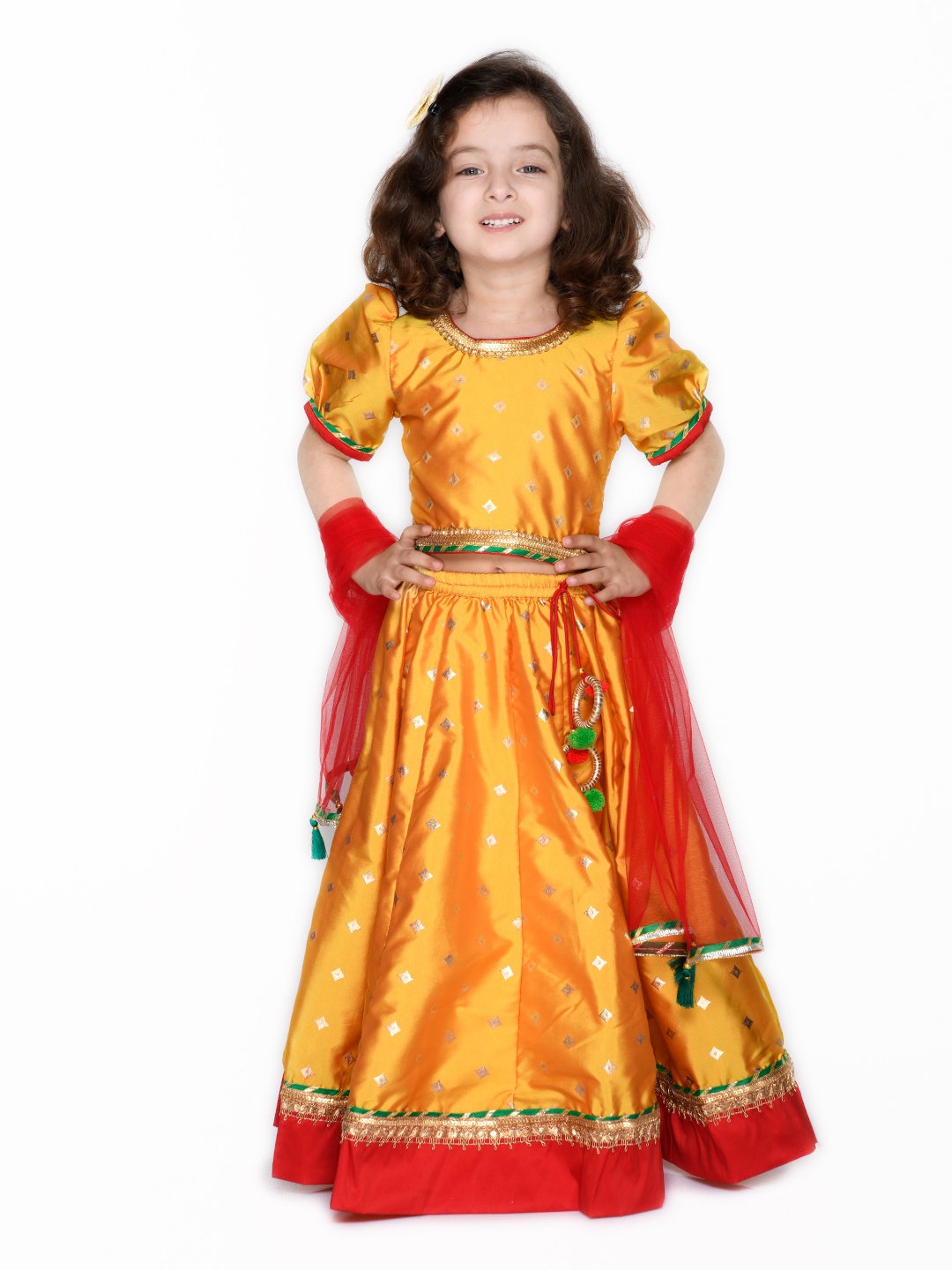 

SAKA DESIGNS Girls Orange & Red Foil Printed Ready To Wear Lehenga Blouse & Dupatta