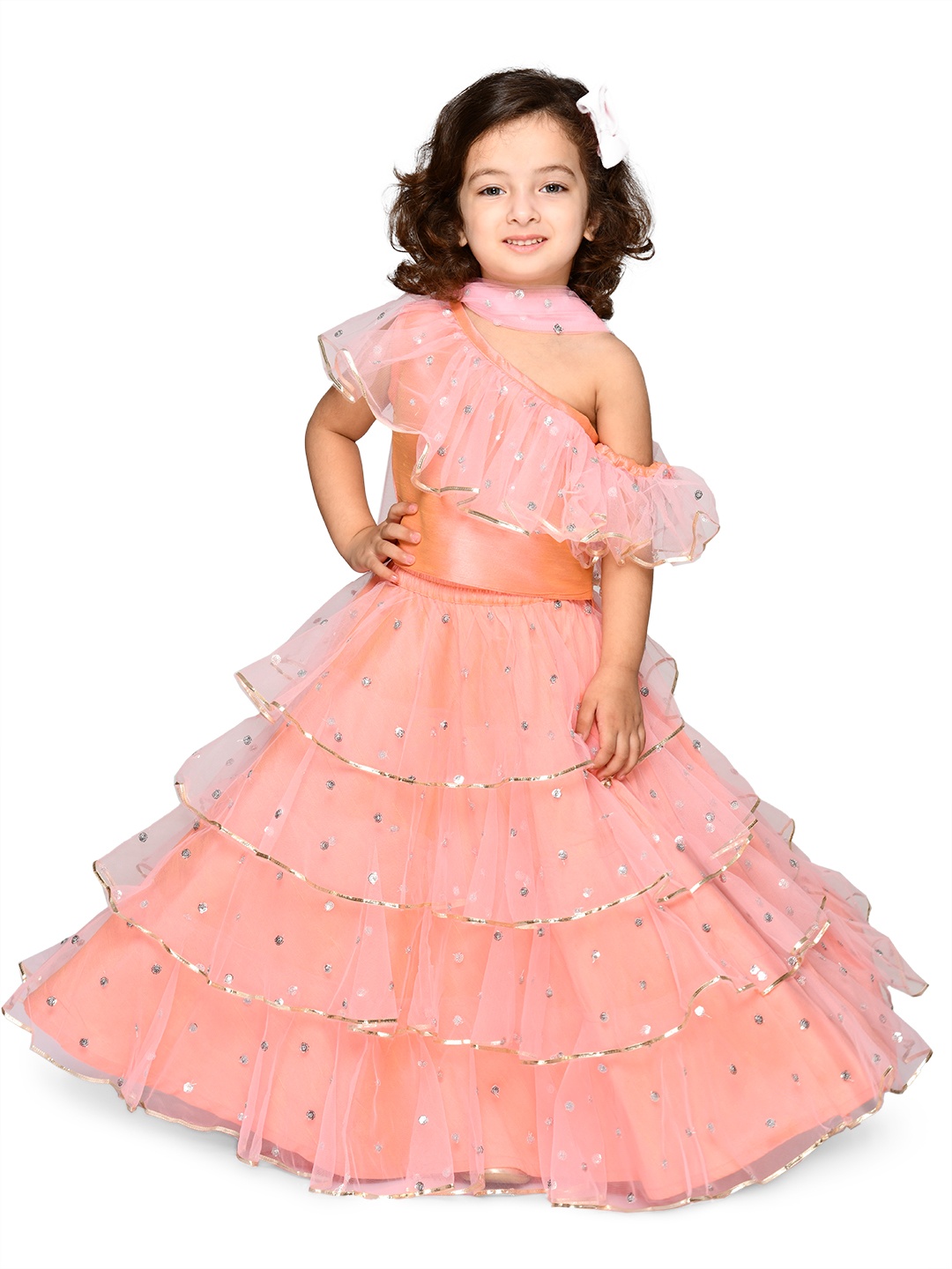 

SAKA DESIGNS Girls Pink & Silver Sequinned Ruffled Ready To Wear Lehenga Blouse & Dupatta
