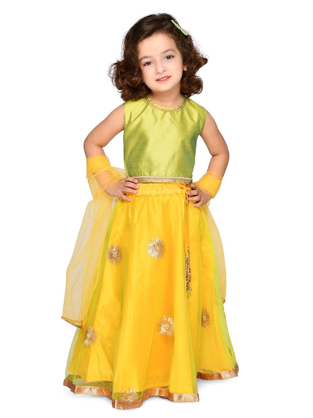 

SAKA DESIGNS Girls Green & Yellow Solid Ready To Wear Lehenga Blouse & Dupatta