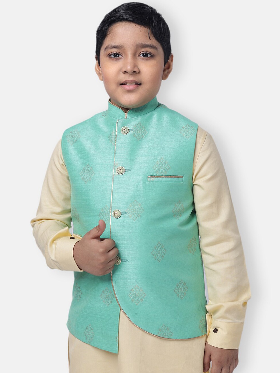 

NAMASKAR Boys Green & Gold Woven-Design Pure Silk Nehru Jacket